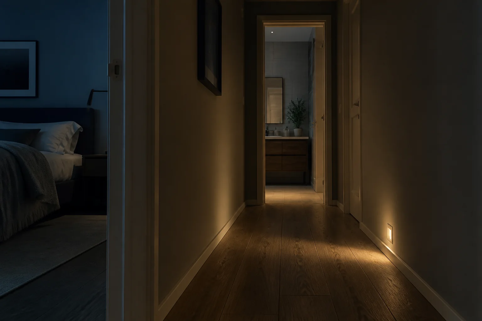 Rustig verlichte route van de slaapkamer naar de badkamer in de nacht
