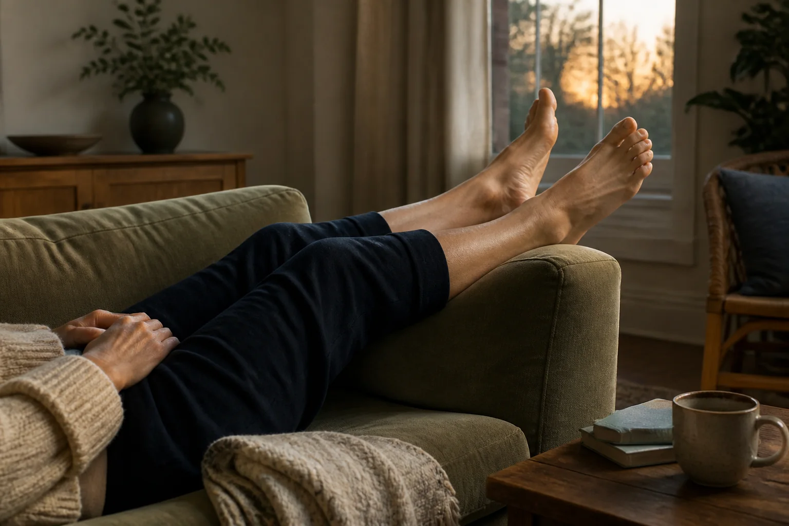Iemand rust met de onderbenen omhoog op de bank in de late middag