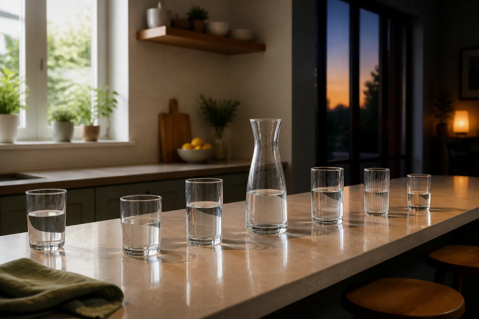 Waterglazen op een keukenblad van daglicht naar avondlicht