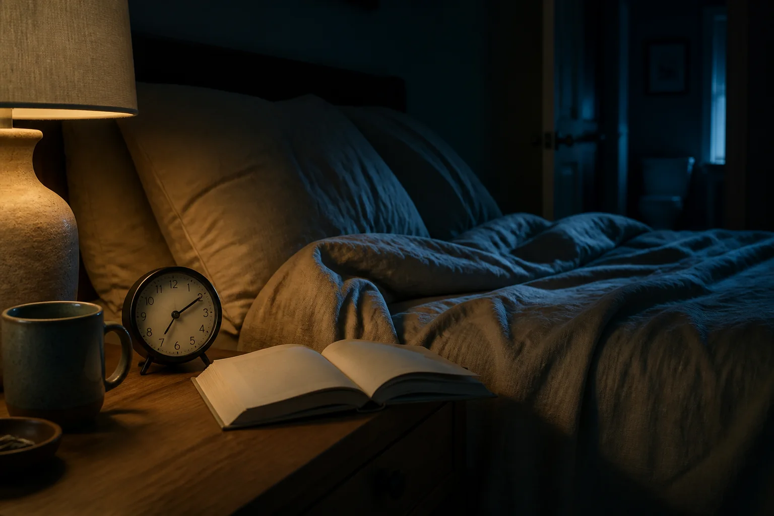 Nachtkastje met klok, boek en een bed in zacht nachtlicht