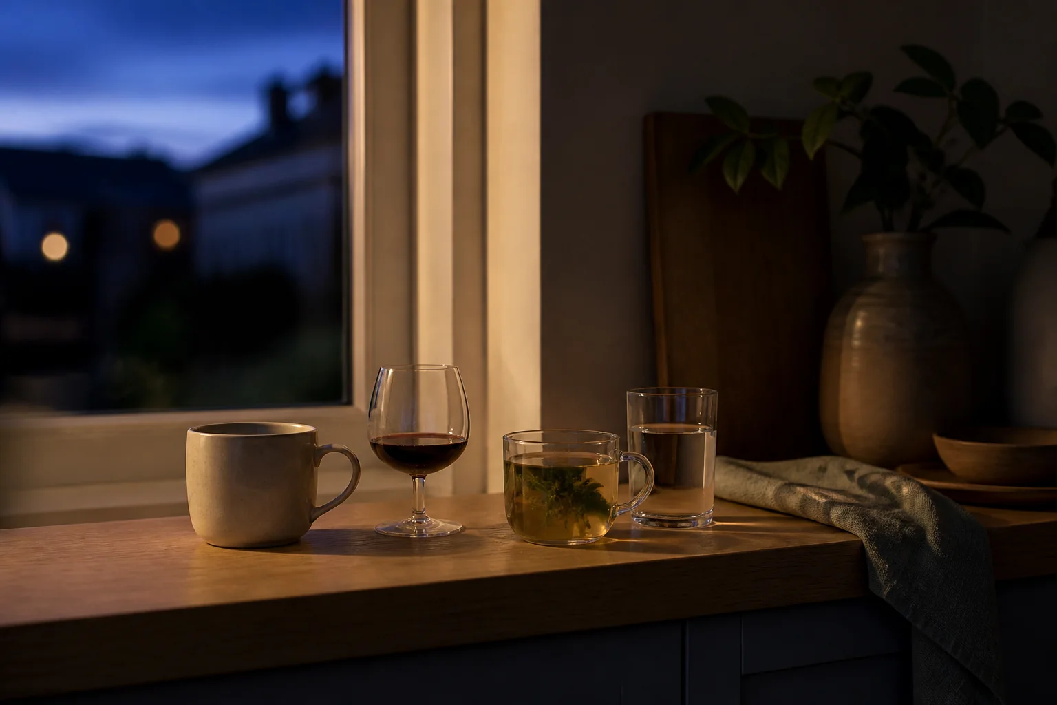 Koffie, wijn, kruidenthee en water op een rustig keukenblad in de avond