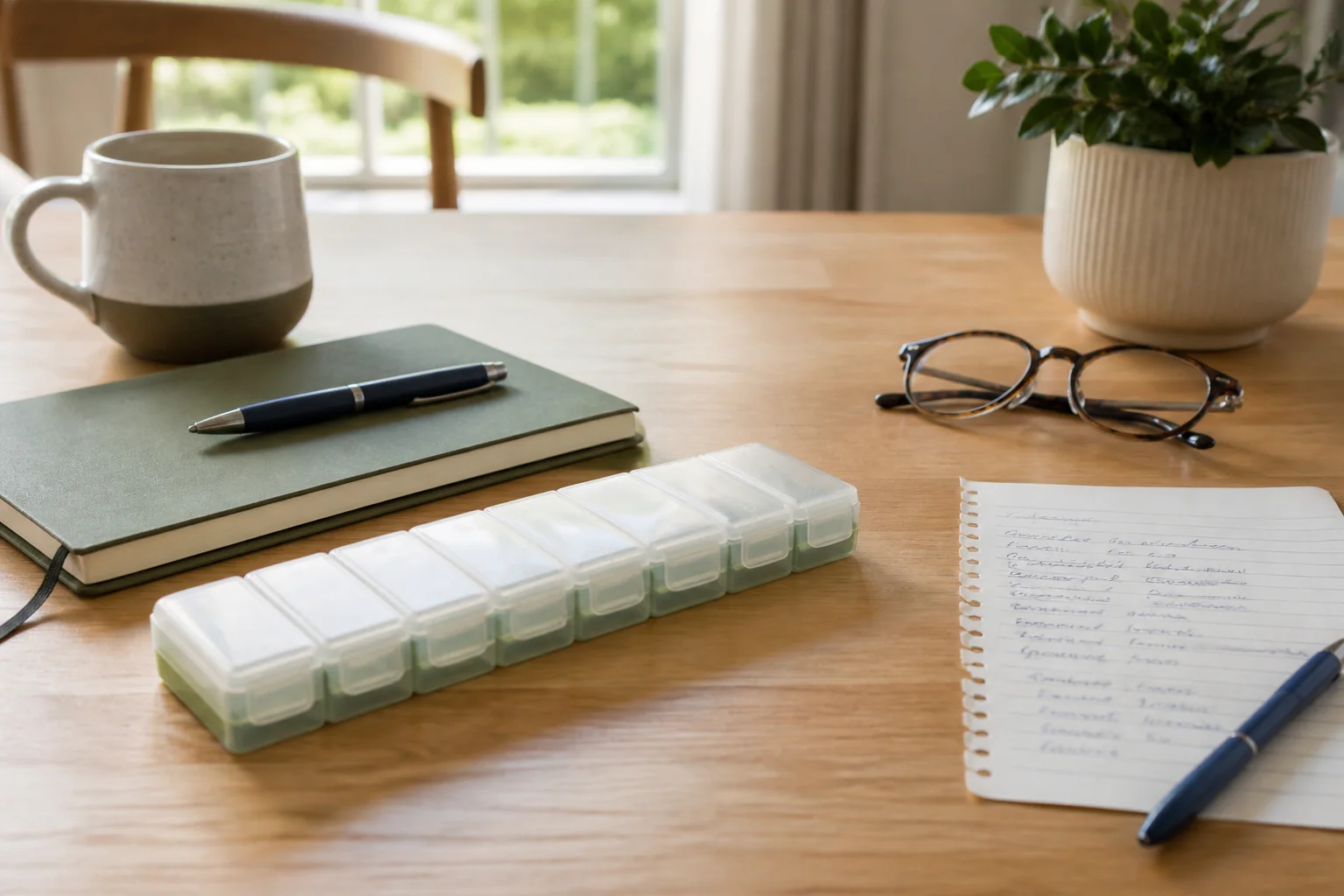 Weekdoos, notitieboek en leesbril op een tafel in daglicht