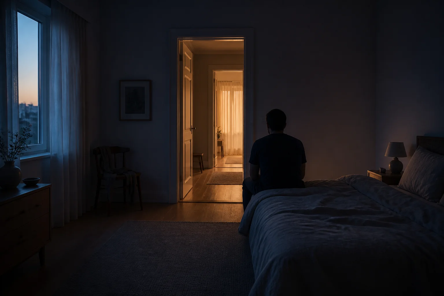 Iemand zit in de vroege ochtend op de rand van het bed
