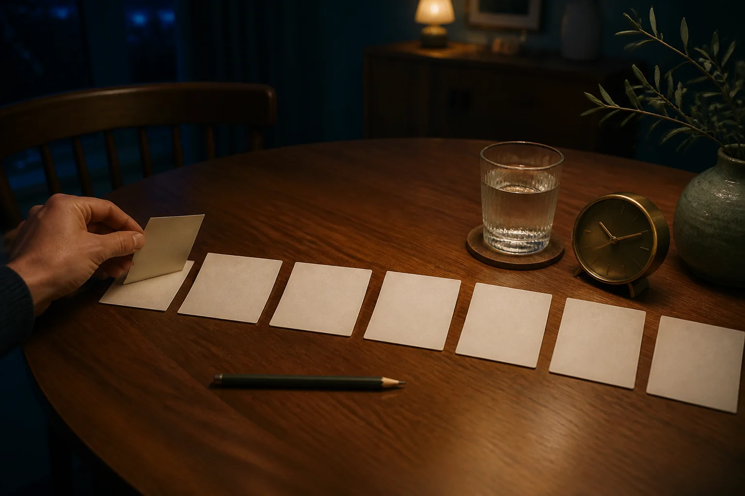 Zeven lege kaartjes, een potlood, waterglas en klok op een tafel in de avond